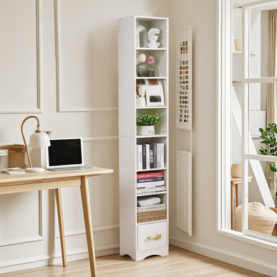 7-Tier Bookshelf With Drawer, 180 Cm Tall Narrow Bookcase, Slim Storage Cabinet With Adjustable Shelves For Home Office, Living Room
