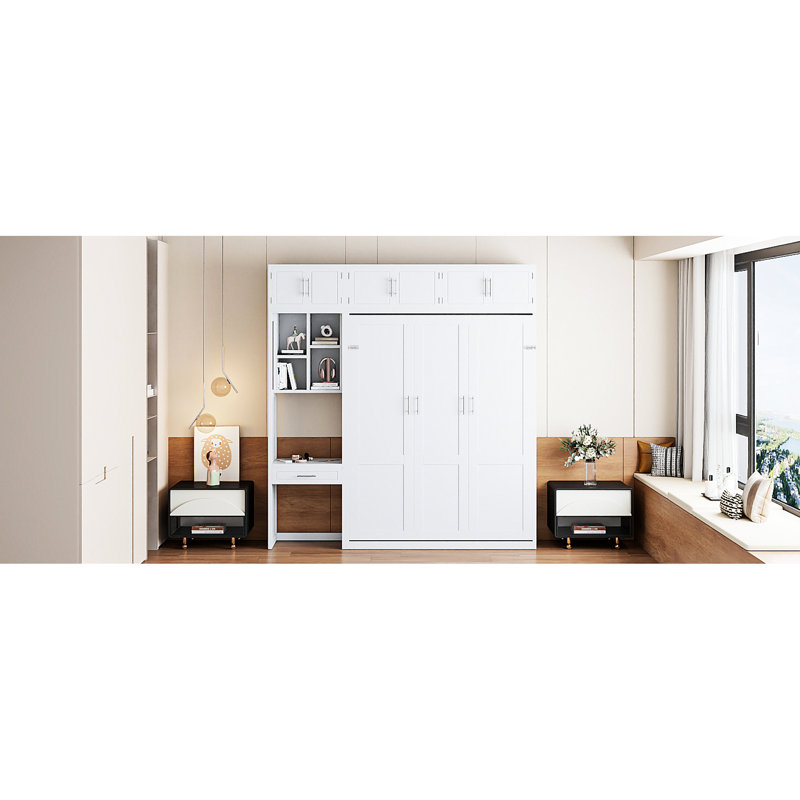 Grand lit mural blanc avec bureau et rangement intégrés, idéal pour les petits appartements, conception peu encombrante, support de matelas confortable, espaces compacts en contreplaqué, matériaux