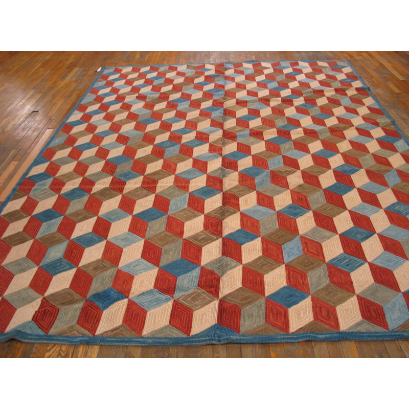 Tapis unique en laine noué à la main de 9 pi x 12 pi rouge / bleu / beige