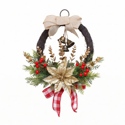 Couronne de Noël rustique 14,96 pouces avec nœud en toile de jute, poinsettia doré et baies rouges, décor de porte de maison de campagne