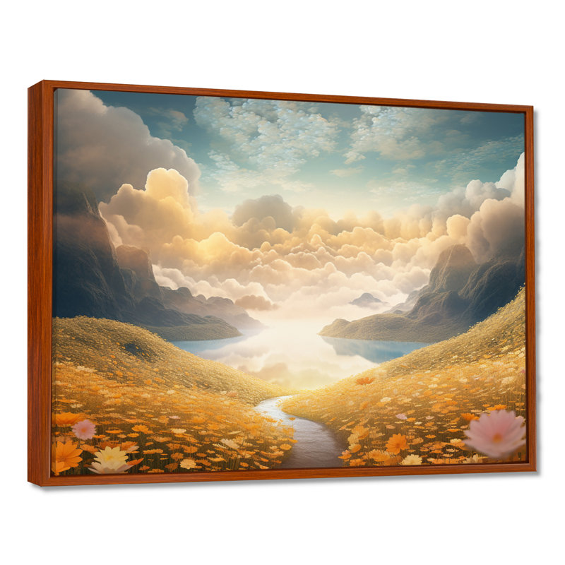 «Pastel Flowerfield Clouds Over Mountain River», art mural fleurs, Toile avec cadre flottant brun, H 24 po x l 32 po x P 1 po