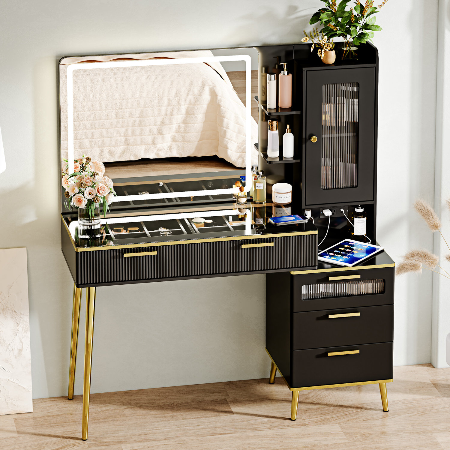 George Oliver Vanity Desk With 29.53" Hd Lighted Mirror, Big Modern Vanity Desk With Mirror And Lights, Makeup Vanity With 5 Drawers And Storage Shelves And Charging Station & Reviews | Wayfair