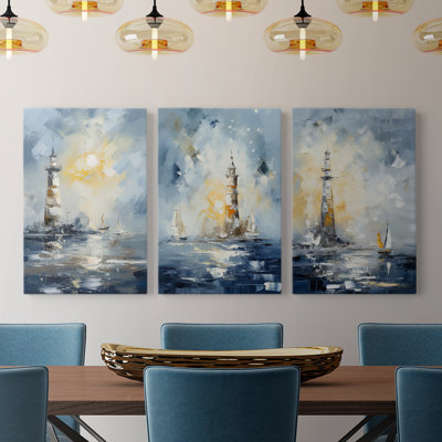 Série Sea and Shore Cxxvi - Ensemble de 3 toiles tendues avec châssis - Prêt à être accroché