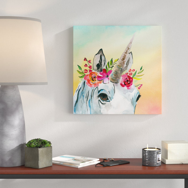 Unicorn Flowers - Print on Canvas, 12" H x 12" W