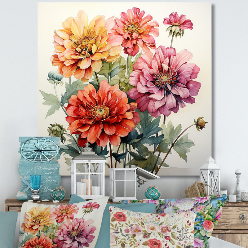 Illustration simple de Zinnia Bouquet II - Zinnias, art mural, Toile tendue, H 16 po x l 16 po x P 1 po