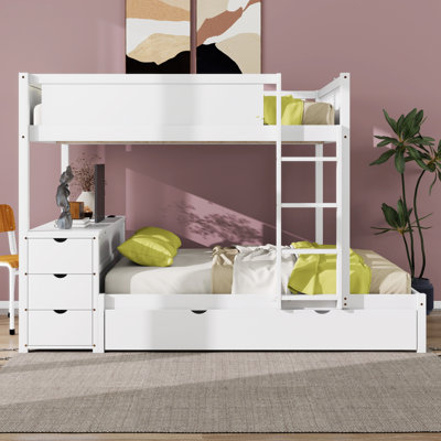 Lit superposé double au-dessus de double avec lit gigogne simple, lit superposé en bois avec bureau en dessous, tiroirs de rangement pour les enfants adolescents