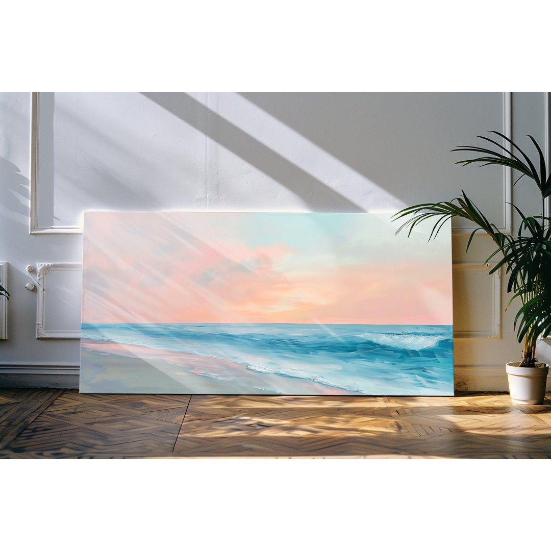 Leinwandbild gerahmt 120x60cm Horizont Ozean Meer Blau Rosa Horizont Sonnenuntergang