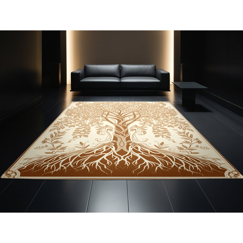 Machine Washable Paizley Tree With Roots Branches Classic Floral Rug in Beige – Beige Binding, 7x10
