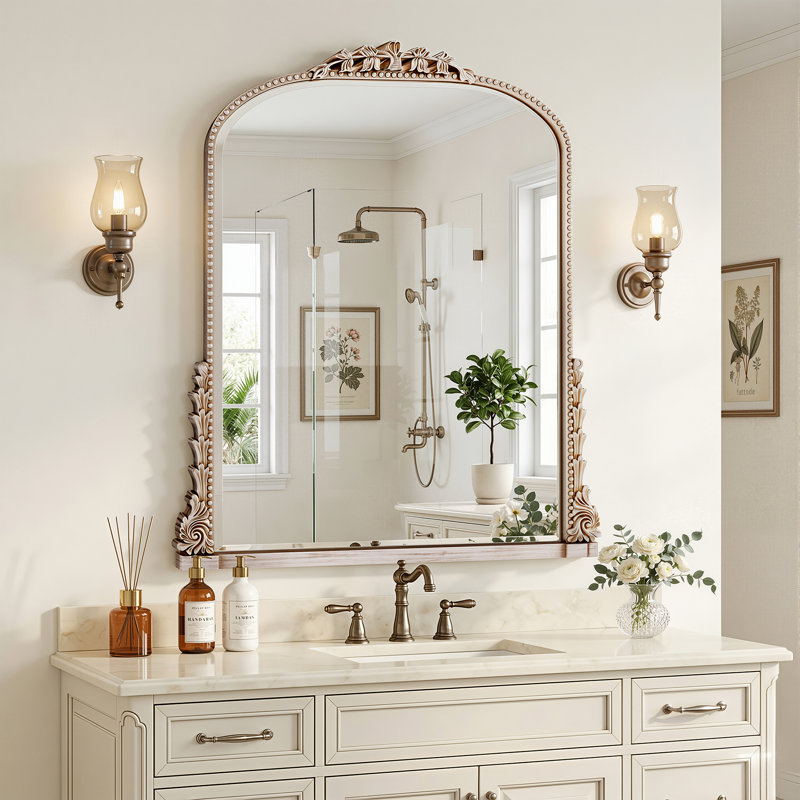 Miroir de salle de bain rétro gravé, miroir mural arqué, Argent, 32"×40"