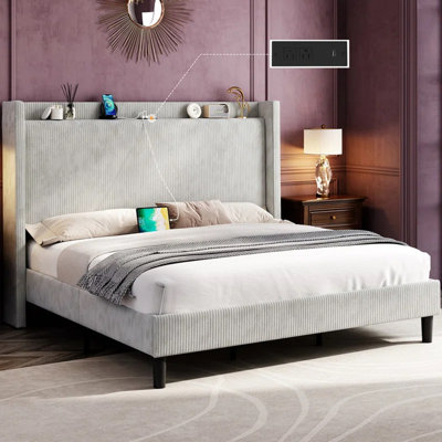 Hisao Upholstered Velvet Standard Bed with Shelves