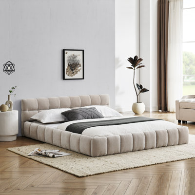Queen Size Upholstered Platform Bed with Chenille Fabric, Grounded Design, Headboard, and Sturdy Wood Frame, Beige(68''*86.5''*23.5'')