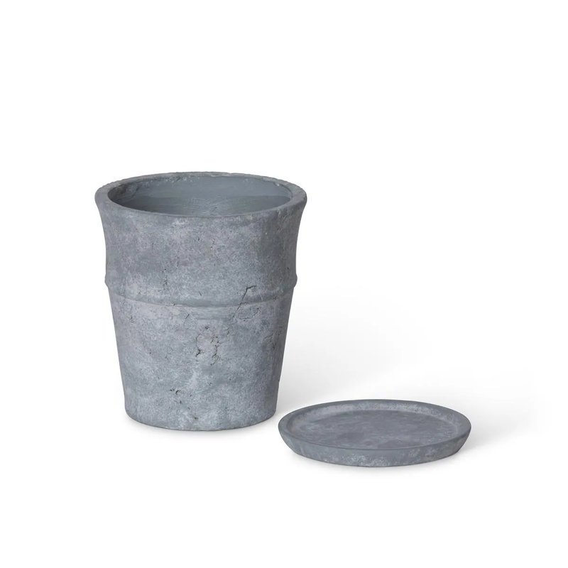 L Bluish Grey Distressed Vintage Planter Pot with Saucer Tray, 10" H x 8.5" W x 8.5" D