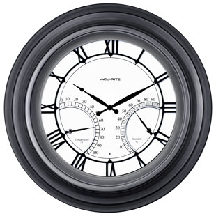 Horloge murale d'extérieur lumineuse 24 pouces avec thermomètre / capteur d'humidité AcuRite, chiffres romains, cadre en métal et lentille en verre (75026M)