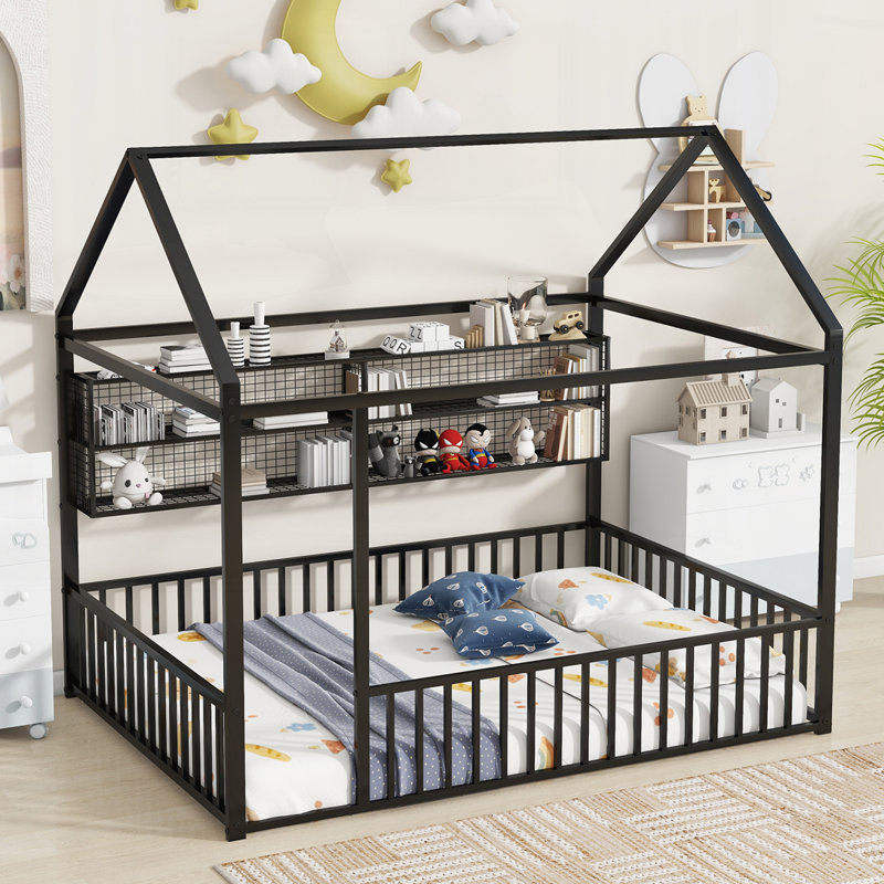 Structure de lit Sereno en métal avec clôture et tablettes, métal robuste et conception compact, Noir, Plein