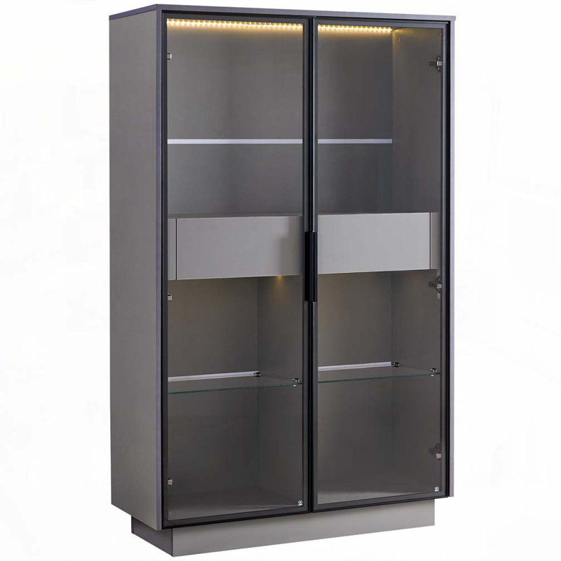 Vitrine avec porte en verre trempé, éclairage DEL, deux tiroirs