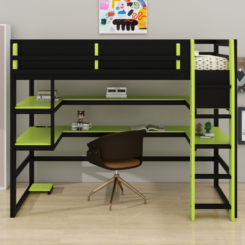 Lit mezzanine multifonctionnel en bois avec bureau intégré, tablettes de rangement et éclairage RVB, Lit simple, Vert