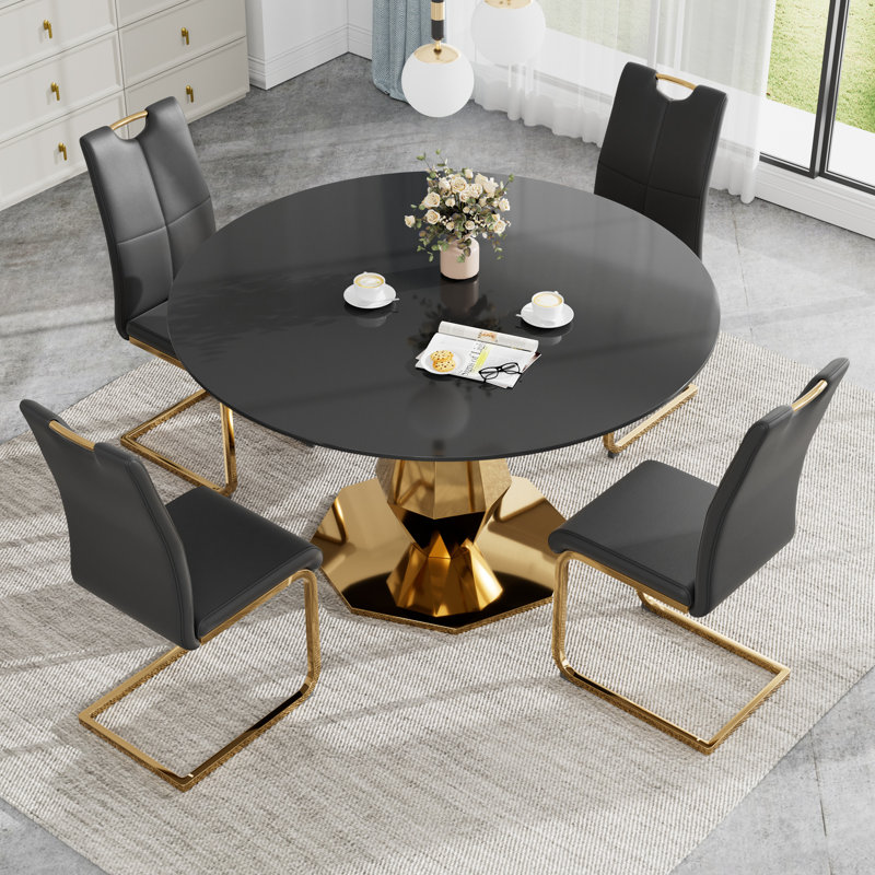 Round Pedestal Tempered Glass Dining Set, Black, 29.53"H x 47"L x 47"W, Gold