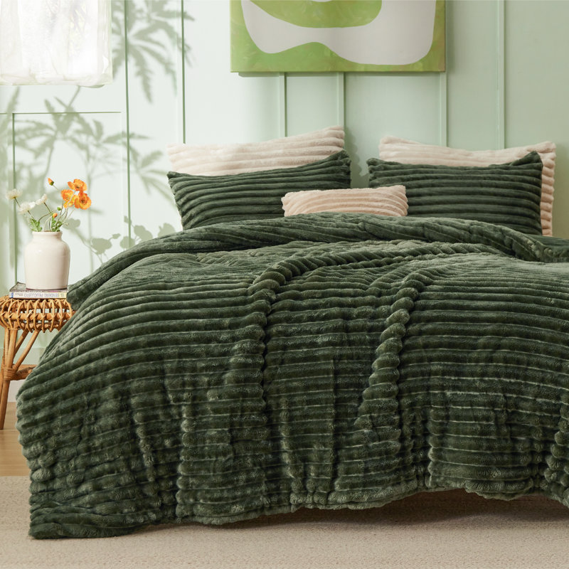 Ensembles d'édredon pour grand lit - 3 pièces de literie en molleton vert olive à double face, esthétique rayée confortable pour les chambres modernes et d'invités, décoration intérieure de luxe toutes saisons