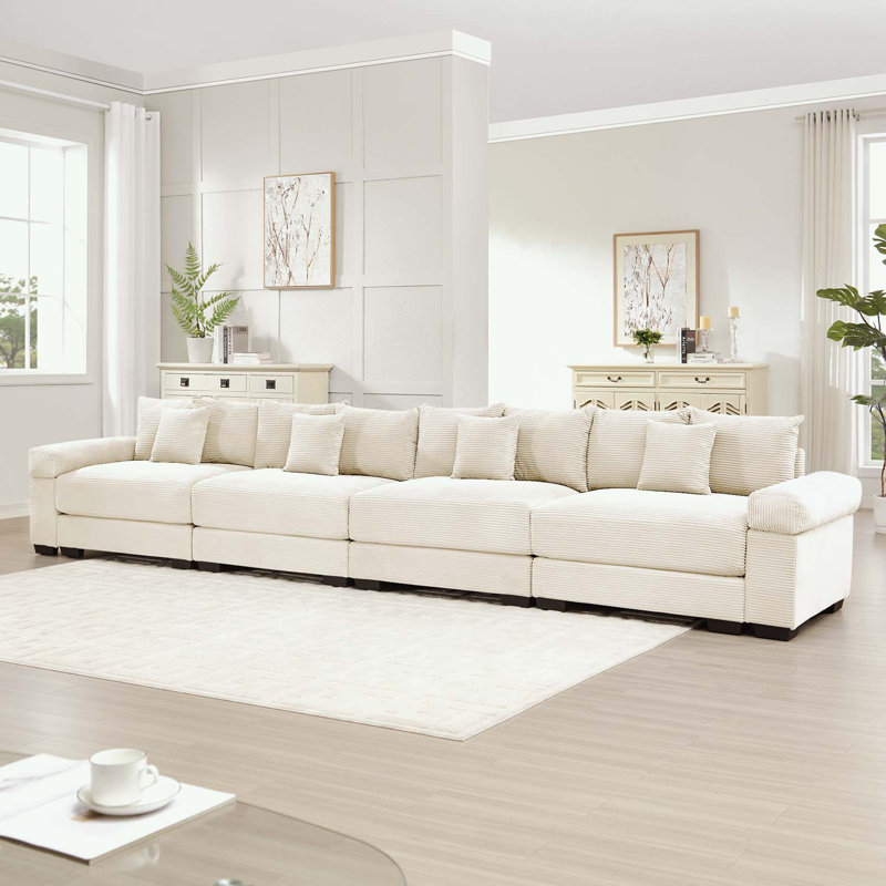 Modular Sectional Couch with 12 Throw Pillows, Beige Corduroy