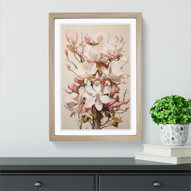 XYZ-FRM-V1223-4418 Magnolia Flower Dadaism - Single Picture Frame Print on Wood, 46cm H x 34cm W x 2cm D, Oak