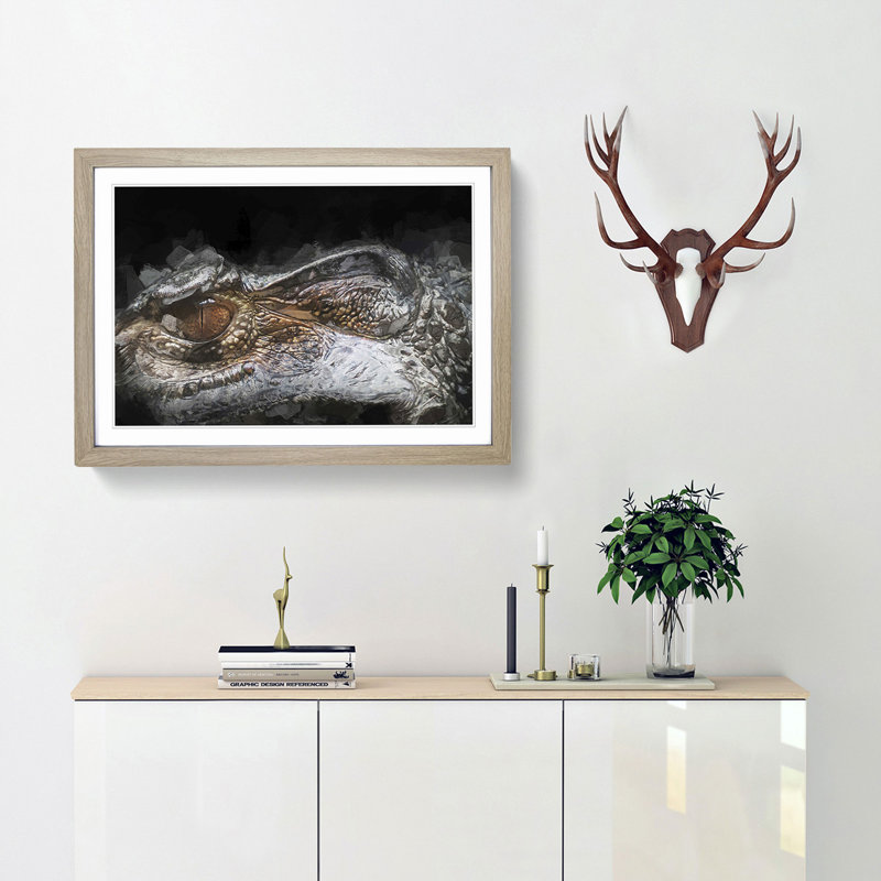 Alligator Watchful Eye in Abstract - Picture Frame Graphic Art Print, 36cm H x 48cm W x 2cm D, Oak Framed