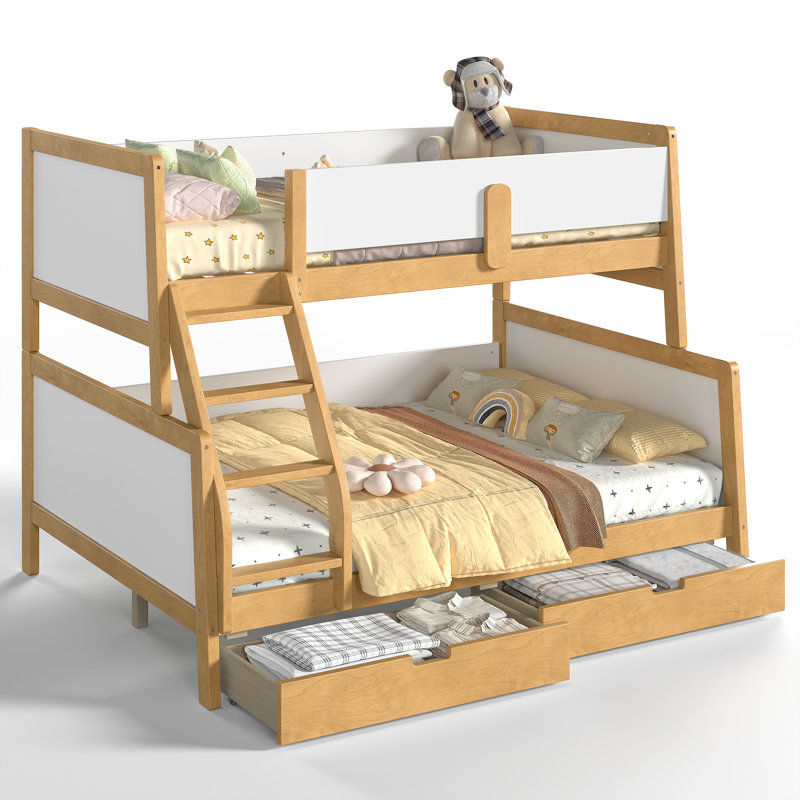 Lit simple superposé au dessus d'un lit double avec tiroirs de rangement, structure de lit superposé pour enfants en bois massif avec lattes, conception convertible, blanc et naturel