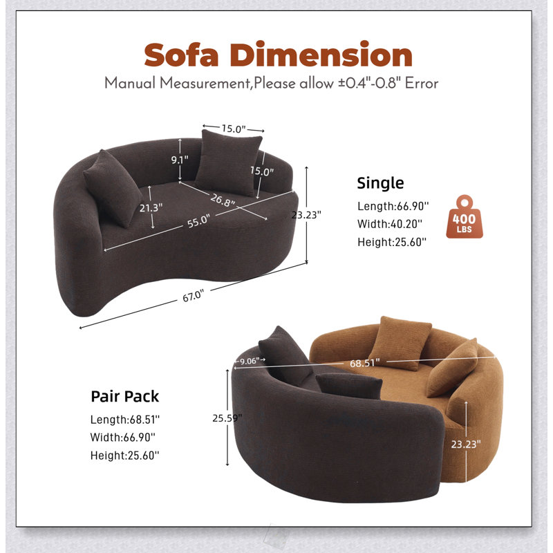 Causeuse éponge pleine compression, canapé à double profondeur courbé en S pour les petits espaces et la méditation, capacité de 400 lb, 66,9 /