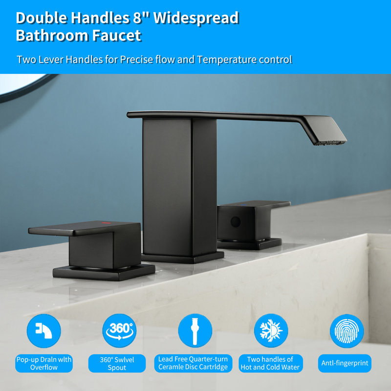 Waterfall 8 In. Widespread Double-Handle Bathroom Faucet Set 3-Holes Vanity Sink With Metal Drain, Matte Black
