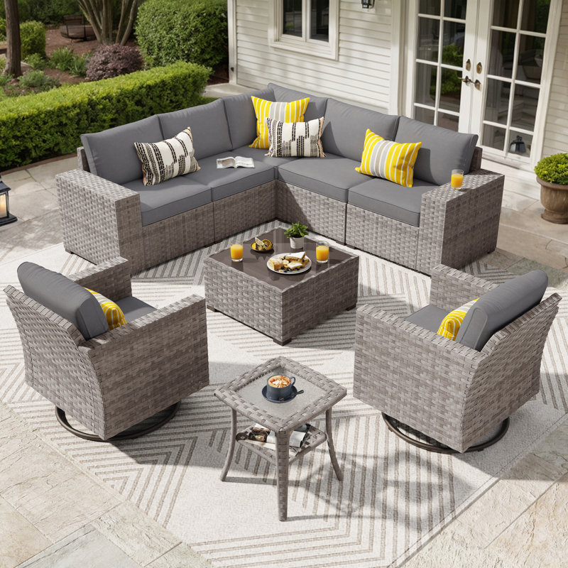 Ensemble de conversation pour 7 personnes avec chaise berçante pivotante, ensemble de conversation modulaire en rotin et osier avec coussins, ensemble de conversation toutes saisons avec table pour jardin