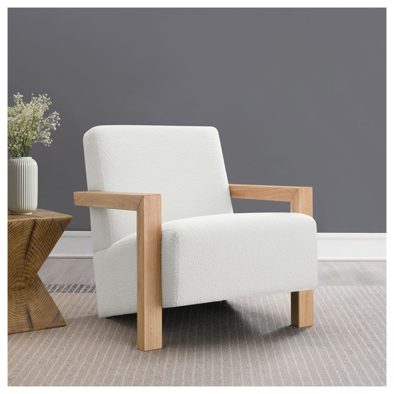 Fauteuil d'appoint Bryant en tissu bouclé ivoire avec structure en bois d'hévéa