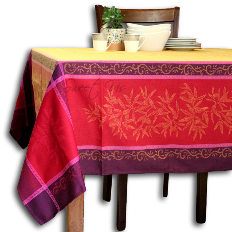 Wipeable Stain Resistant polytetrafluoroethylene Coated Provencal Jacquard Cotton Olive Floral Tablecloth Collection