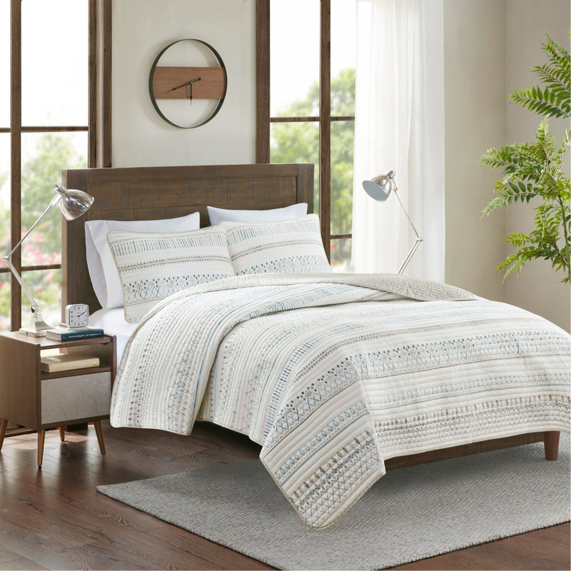 Ensemble de courtepointe en microfibre imprimé 3 pièces taupe / bleu