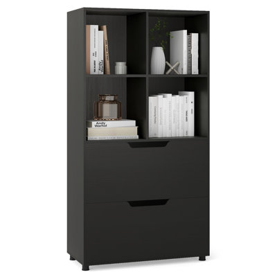 Bibliothèque autoportante à 5 niveaux avec 2 tiroirs, tablette de rangement à 4 cubes de 130 cm de hauteur, meuble de rangement pour salon en bois d'ingénierie, noir
