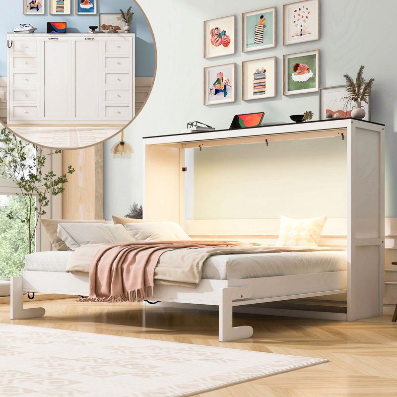 Lit escamotable double avec lumière DEL, peut être plié dans une armoire, armoire de lit murale cachée, Full / Double, Blanc