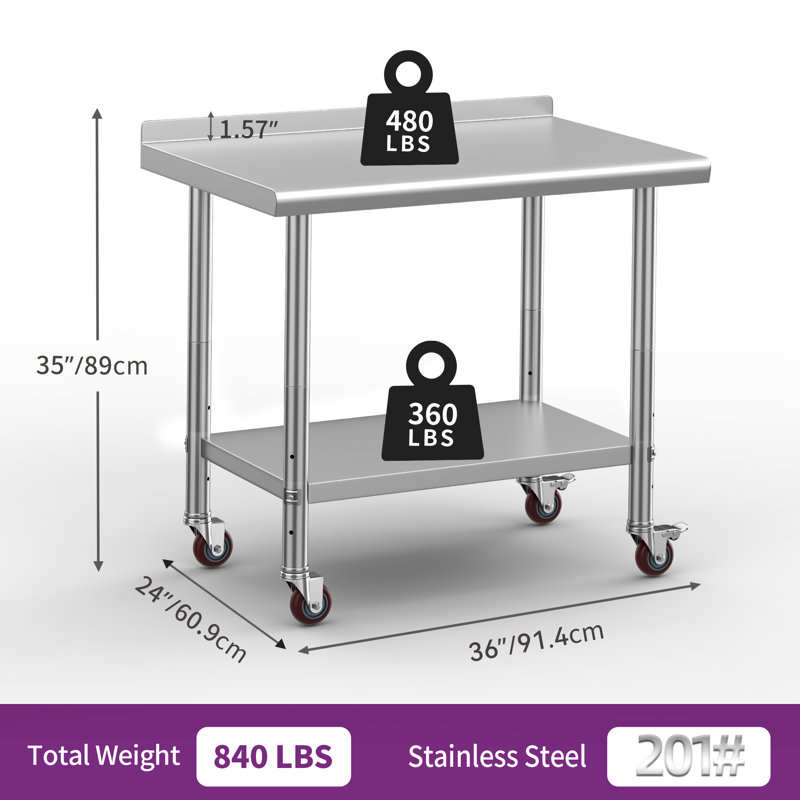 36" x 24" Stainless Steel Work Table with Wheels, 35" H x 36" L x 24" W