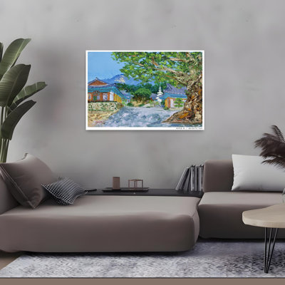 Paysage coréen, vue sur la montagne, paysage pacifique serein, architecture traditionnelle, art mural