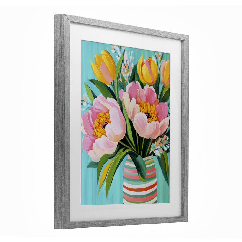 «Flowers in Spring Stripes», reproduction encadrée sous verre, par Petal Prints Design, Cadre de ferme gris
