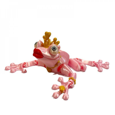3D Printed Pink Frog With Red Lips And Gold Crown Figurine