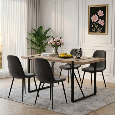5-Piece Rustic Industrial Dining Table Set, 55.1" Rectangular Wood Kitchen Table with 4 Upholstered Chairs, Metal Legs, for Home Kitchen & Dining Room