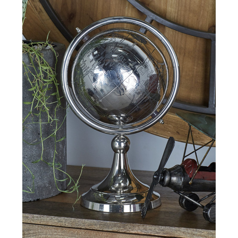 Aluminium Métal éducatif / globe terrestre argenté, H 14 po x l 9 po x P 3 po