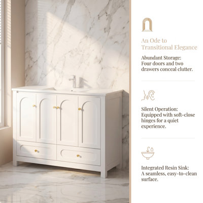 48" Bathroom Vanity with Integrated Resin Sink Combo, Abundant Storage Cabinet with 4 Soft-Close Doors & 2 Drawers, Durable MDF Construction, Transitional Elegance for Master or Guest Bathroom