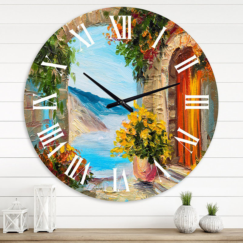 Maison près de la mer, fleurs colorées, mers d'été - horloge murale nautique et côtière, Grand