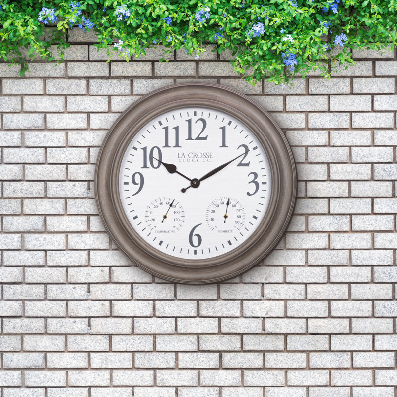 26.2" Quartz Outdoor Brushed Gray Oak Analog Clock with Thermometer & Hygrometer