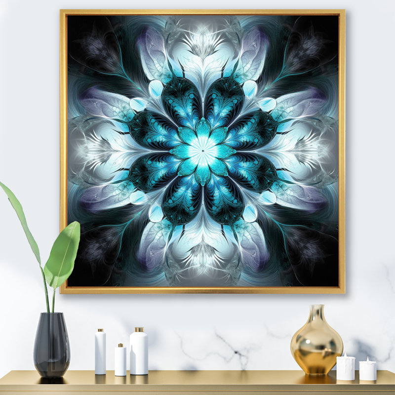 «Turquoise and White Fractal Flowers II», reproduction d'art sur toile, H 24 po x l 24 po x P 1 po, Cadre flottant doré