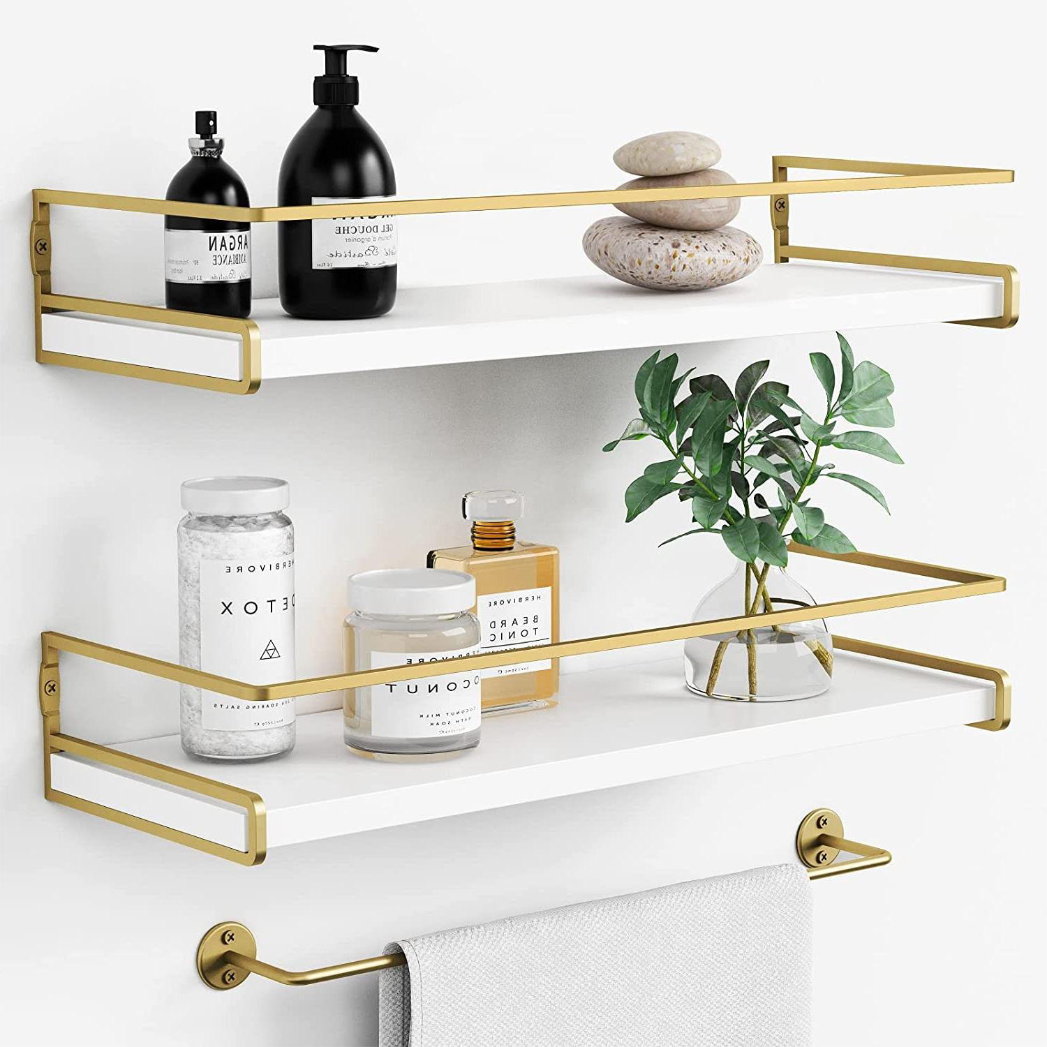Wall Mounted Bathroom Shelf w/ Towel Bar, Gold & White