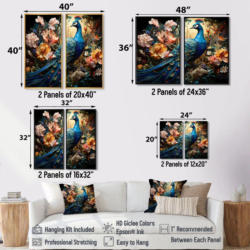 Teal Peacock Parade I - Art mural moderne, H 36 po x l 48 po, Toile tendue, Ne s’applique pas