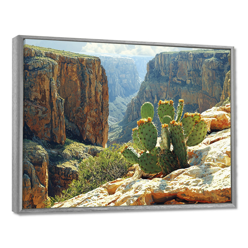 Marithza Arizona Cactus At The Canyons Edge I - art mural cactus, H 16 po x l 32 po, Cadre flottant, Argent argent