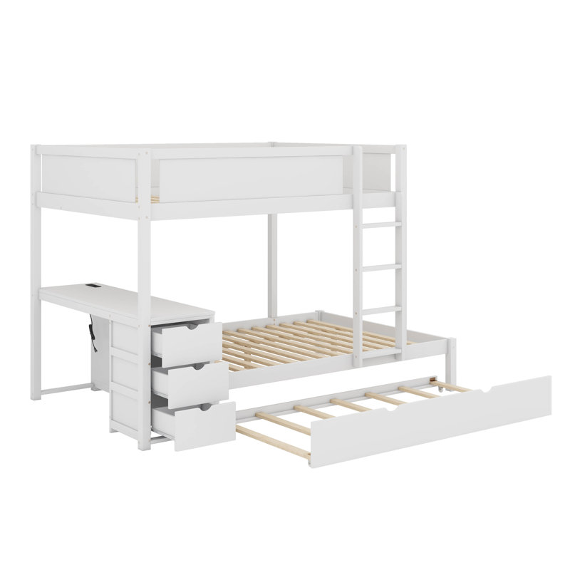 Lit double superposé double avec lit gigogne simple, bureau sous le lit et tiroirs de rangement, aucun sommier nécessaire