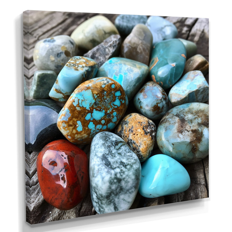 Ethnique turquoise, composition de pierres spirituelles, Toile tendue, H 16 po x l 16 po x P 1 po
