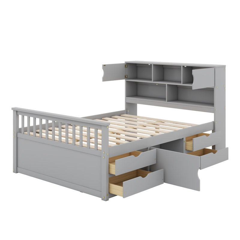 Structure de lit plateforme avec bibliothèques et tablettes de rangement, tiroirs, gris
